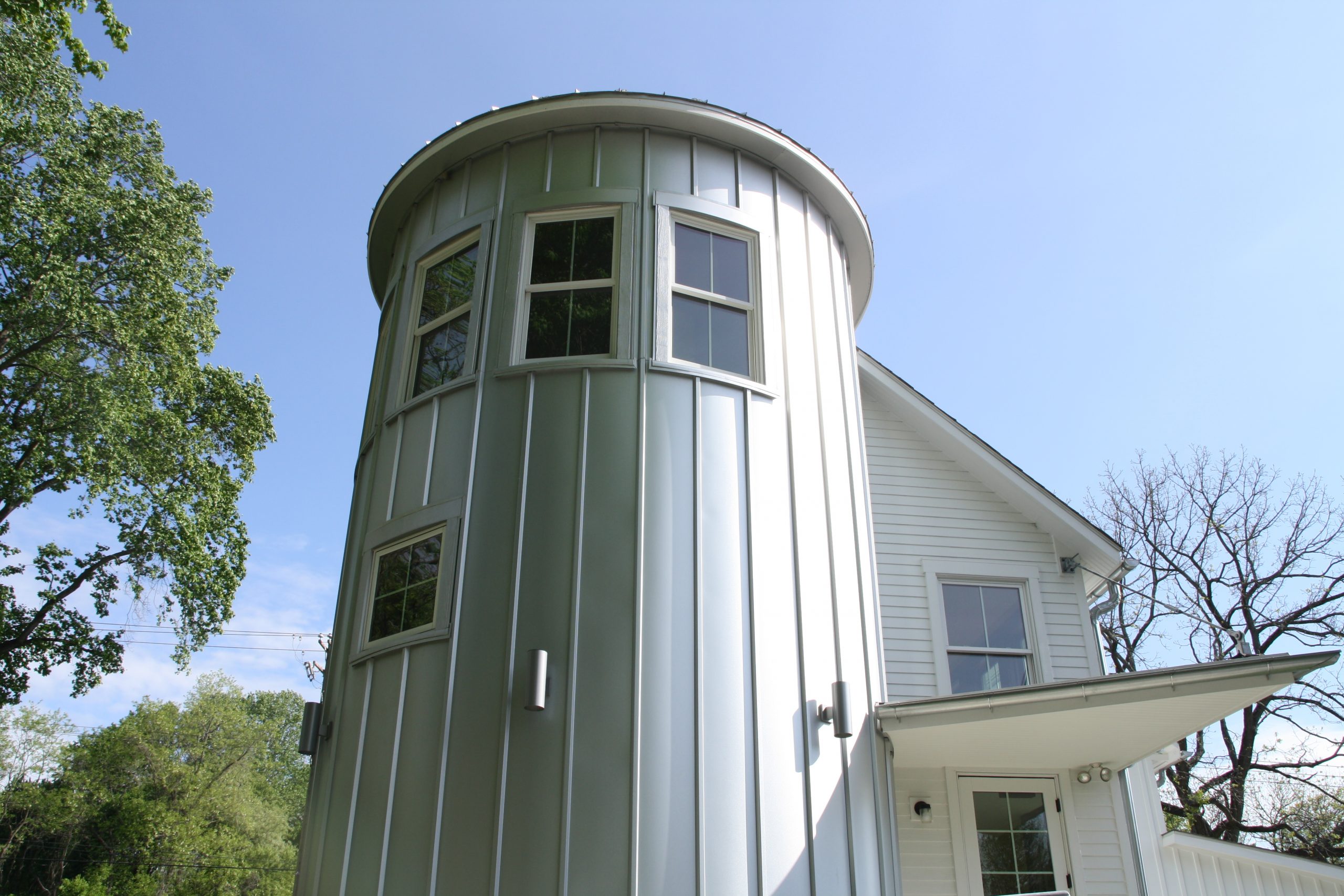 A silo-shaped part of the Chadds Ford Winery exterior