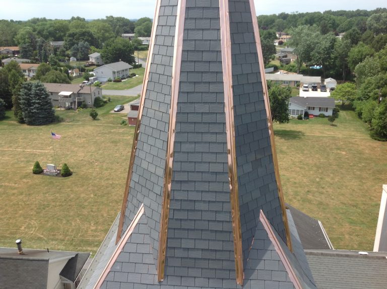 Church steeple after new slate roofing has been installed