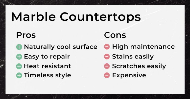 Marble countertops pros and cons. Pros: Naturally cool surface; Easy to repair; Heat resistant; Timeless style. Cons: High maintenance; Stains easily; Scratches easily; Expensive