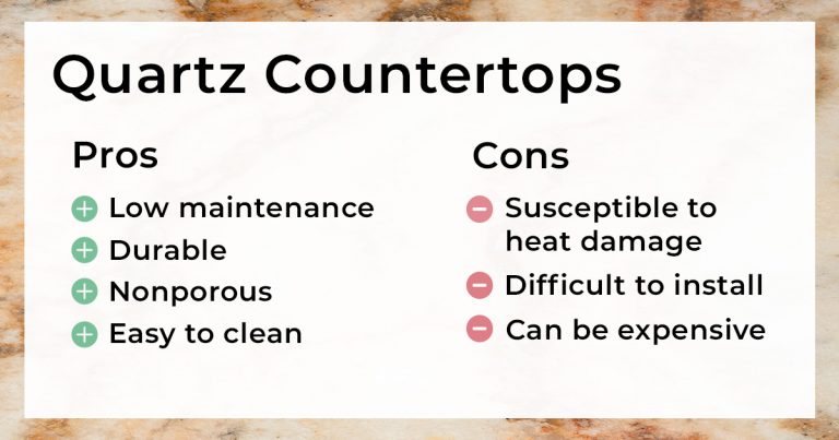 Quartz countertops pros and cons. Pros: Low maintenance; Durable; Nonporous; Easy to clean. Cons: Susceptible to heat damage; Difficult to install; Can be expensive.