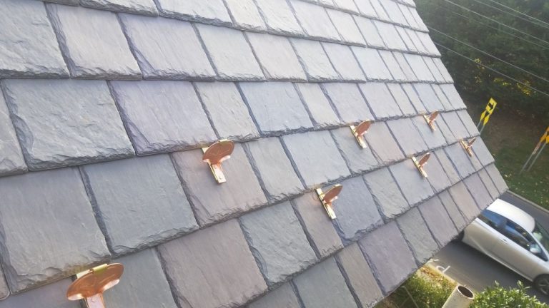 Close up of a residential home's new DaVinci synthetic slate roof.